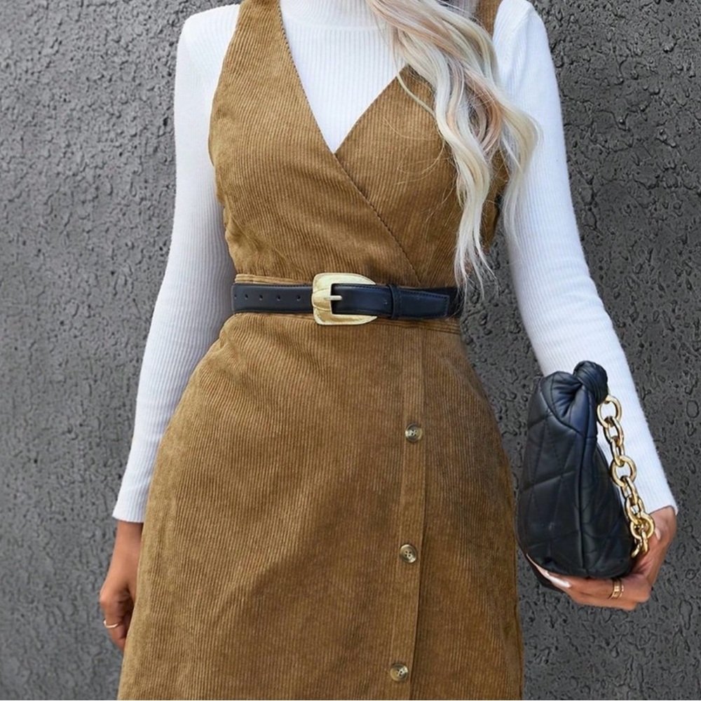 Fit well Corduroy Brown Casual Women Solid Front Button Overall